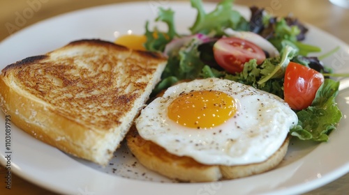 Delicious breakfast plate with a golden fried egg, crispy toasted bread, and a colorful fresh salad with cherry tomatoes and greens.