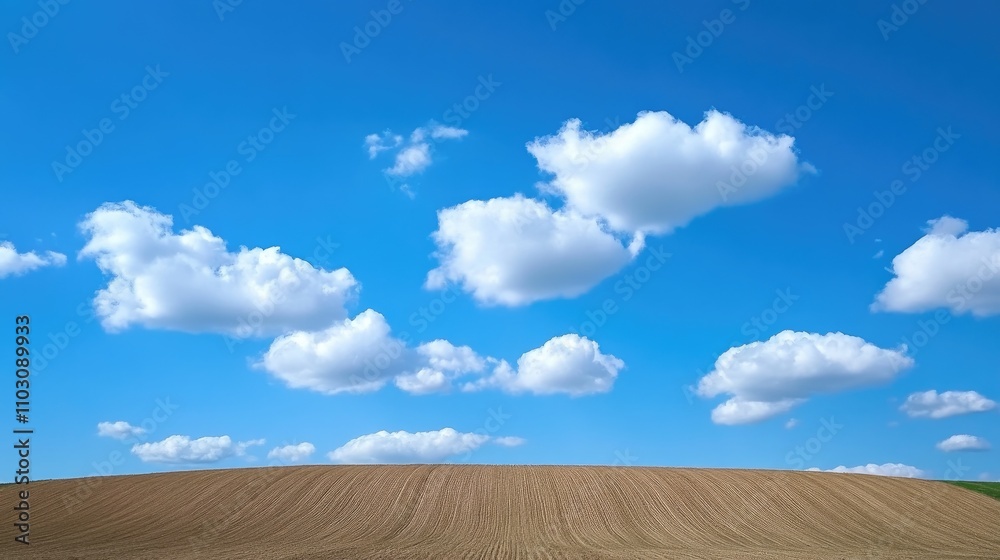 Plowed agricultural field with neat furrows, framed by fluffy white clouds against a vibrant blue sky, indicating readiness for spring planting. Plowed agricultural field with neat furrows, framed by fluffy white clouds against a vibrant blue sky, indicating readiness for spring planting.