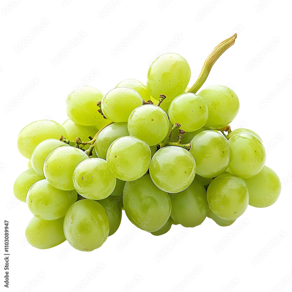Fresh green grapes isolated on transparent background with vibrant glossy texture. Fresh green grapes isolated on transparent background with vibrant glossy texture.