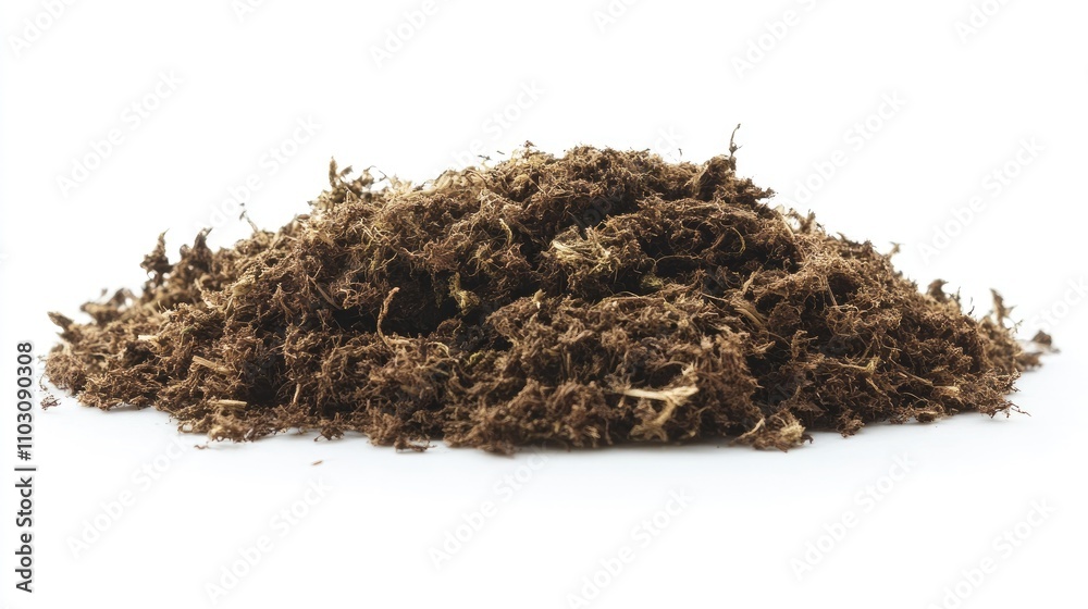 Sphagnum moss for plant propagation and terrariums, rich brown color, finely textured, isolated on a white background, useful for orchids and gardening. Sphagnum moss for plant propagation and terrariums, rich brown color, finely textured, isolated on a white background, useful for orchids and gardening.