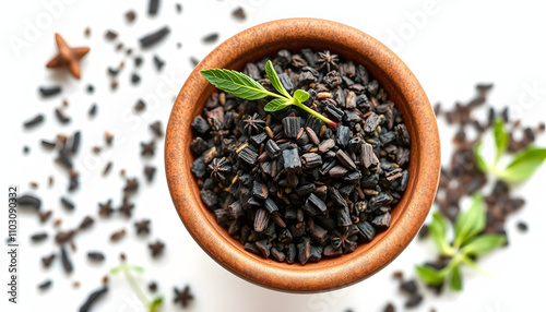 Kalonji (black cumin) in a brown ceramic bowl highlighted by white. Isolated close-up photo of food close up from above on white background isolated highlighted by white, png photo