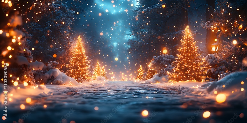Naklejka premium Enchanting Snow-Covered Trees Adorned with Lights