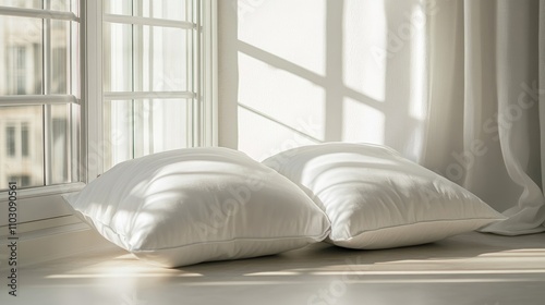 Minimalist interior scene with two white pillows on a wooden floor near a bright window, soft shadows and natural light enhancing the serene atmosphere photo