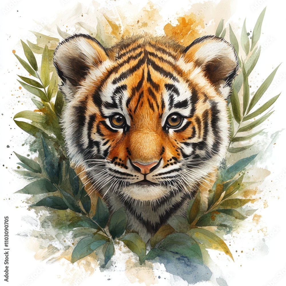 A vibrant illustration of a tiger's face surrounded by lush greenery. A vibrant illustration of a tiger's face surrounded by lush greenery.