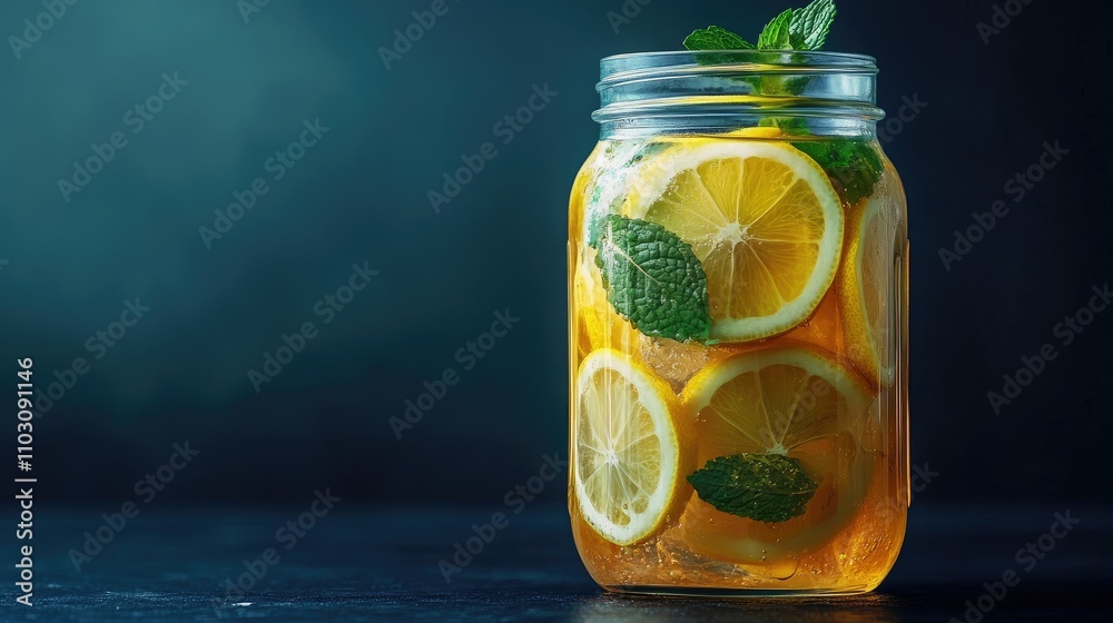 Lemonade drink of soda water, lemon and mint leaves in jar on a black background. Fresh summer drink in glass Lemonade drink of soda water, lemon and mint leaves in jar on a black background. Fresh summer drink in glass