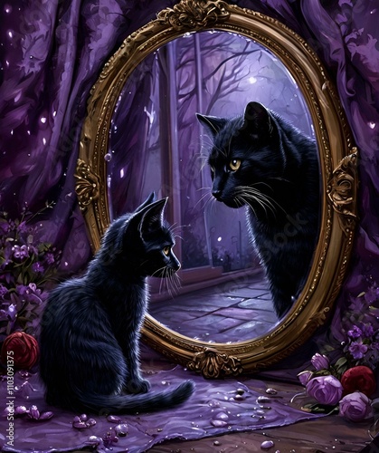 The reflection of a small black kitten in the mirror in the future, cat on the window,the inner world of the cat