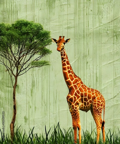 Illustration with a green background with a giraffe standing by a tree, giraffe in the woods photo