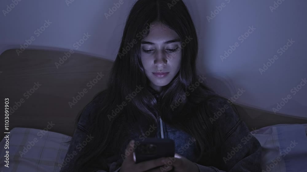 4K video of teenage girl using a smartphone lying in bed late at night, playing games, watching videos, and typing. Children's screen addiction. Screen Addiction in Youth 4K video of teenage girl using a smartphone lying in bed late at night, playing games, watching videos, and typing. Children's screen addiction. Screen Addiction in Youth