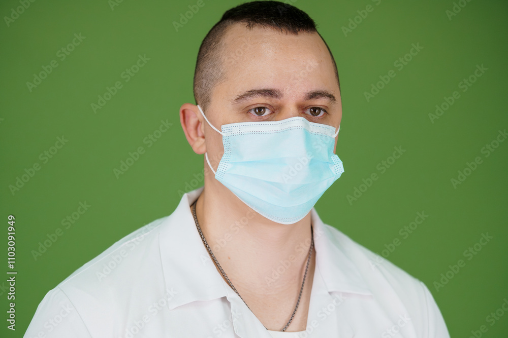 Professional Medic in Protective Face Mask Against Green Background Professional Medic in Protective Face Mask Against Green Background