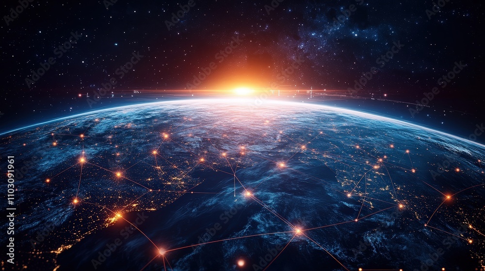 Futuristic digital network on Earth with sunrise. Global technology and digital connection form a vast network. Advanced communication and connectivity in space. Sunrise casts light over Earths Futuristic digital network on Earth with sunrise. Global technology and digital connection form a vast network. Advanced communication and connectivity in space. Sunrise casts light over Earths