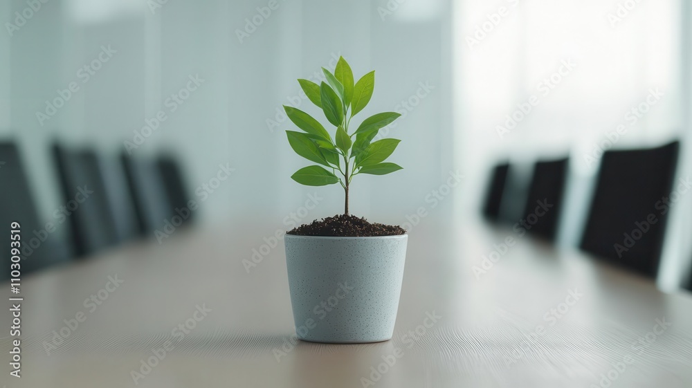 Business meeting around a table with a growing plant centerpiece, symbolizing collaboration and natural growth Business meeting around a table with a growing plant centerpiece, symbolizing collaboration and natural growth