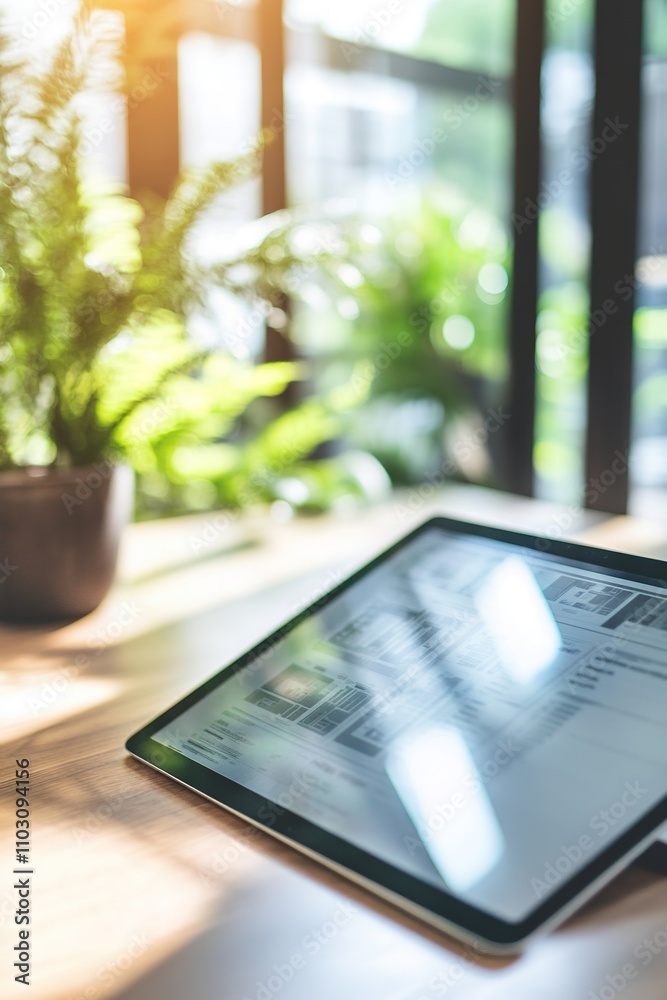 Blurred tablet with bright room background, green plants.