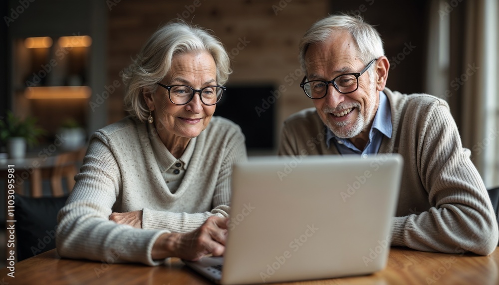 Smiling elderly couple enjoying a video call on a laptop at home Smiling elderly couple enjoying a video call on a laptop at home
