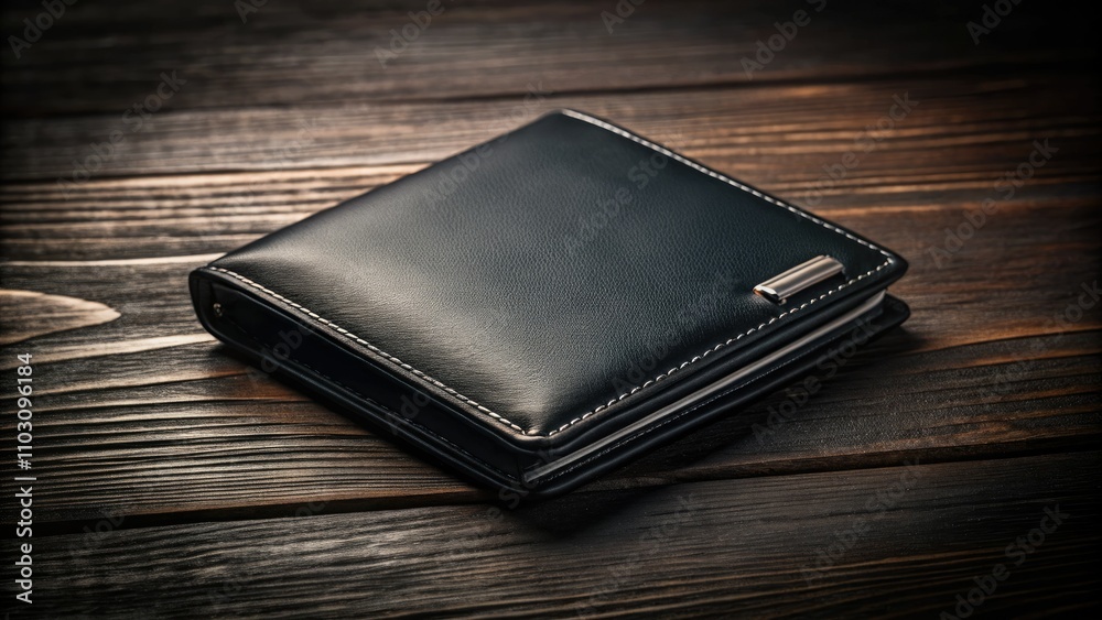 Elegant Black Leather Wallet with Silver Trim on Dark Wood Surface - Luxury Accessories, Minimalism, Textures, Fashion Essentials