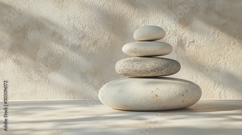 Stack of stone pebbles against beige wall for design and presentation. A minimal and modern concept of spa photo