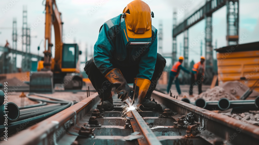 Engineer Welding on Railroad Track with Construction Site Background