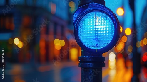 Close-Up View of a Vivid Blue Emergency Light Isolated Against a Softly Blurred Background, Highlighting Alertness and Urgency