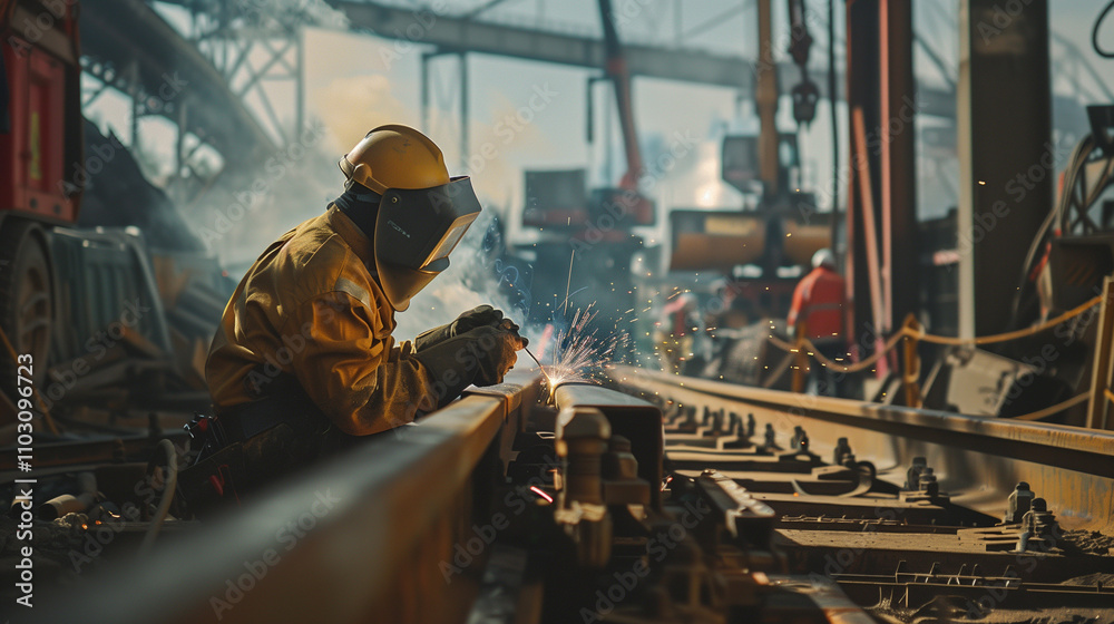 Engineer Welding on Railroad Track with Construction Site Background Engineer Welding on Railroad Track with Construction Site Background