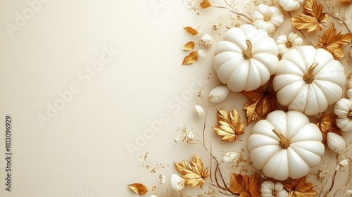 Stylized white and gold decorative pumpkins on a pale background