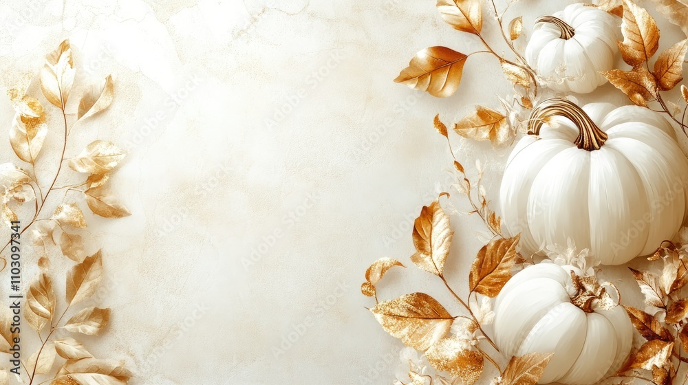 Stylized white and gold decorative pumpkins on a pale background Stylized white and gold decorative pumpkins on a pale background