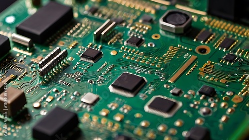 Detailed circuit board with a variety of electronic components 