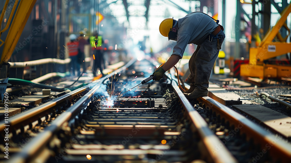 Engineer Welding on Railroad Track with Construction Site Background Engineer Welding on Railroad Track with Construction Site Background