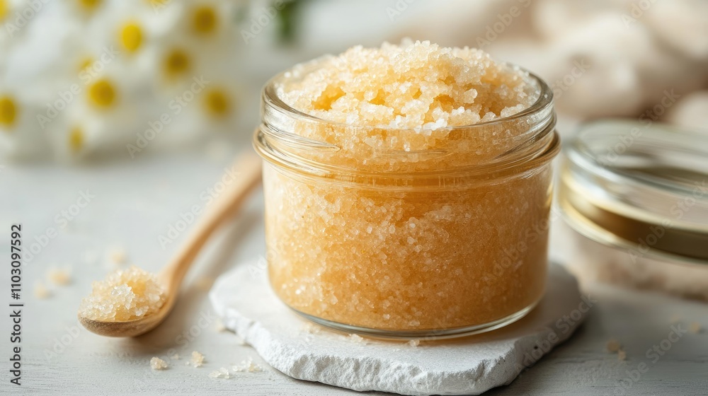 Sugar body scrub in glass jar on a white stone table. Homemade cosmetic for spa background Sugar body scrub in glass jar on a white stone table. Homemade cosmetic for spa background