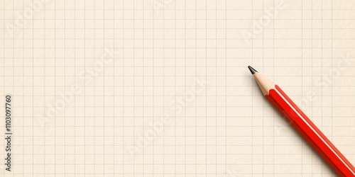 Red pencil on grid paper, isolated on a beige background.