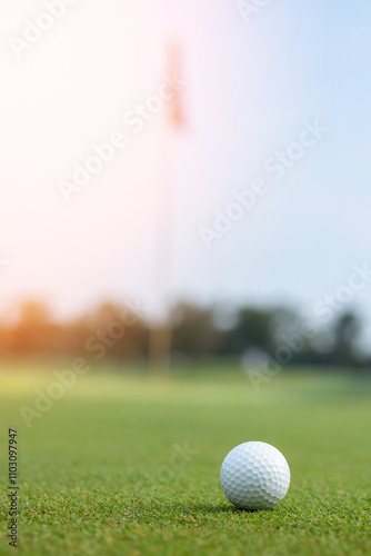 Bild auf Leinwand Golf ball on green course, grass lawn with blur hole pole flag background with