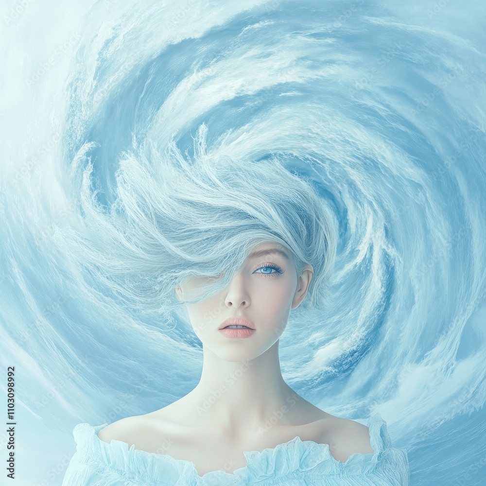 A serene-looking woman with soft, swirling hair and attire seamlessly blend into an abstract blue vortex evoking tranquility and harmony. A serene-looking woman with soft, swirling hair and attire seamlessly blend into an abstract blue vortex evoking tranquility and harmony.