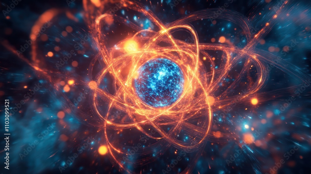 Obraz premium A glowing quantum particle suspended in space surrounded by a field of energy with intricate patterns