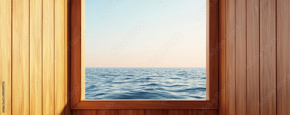 Serene View of Ocean Through Framed Window in Wooden Interior Serene View of Ocean Through Framed Window in Wooden Interior