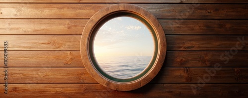 Circular Porthole View of Serene Ocean and Sky at Sunset
