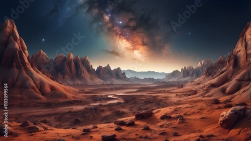 Under a starry sky, the enormous Mars planet landscape features rough terrain.