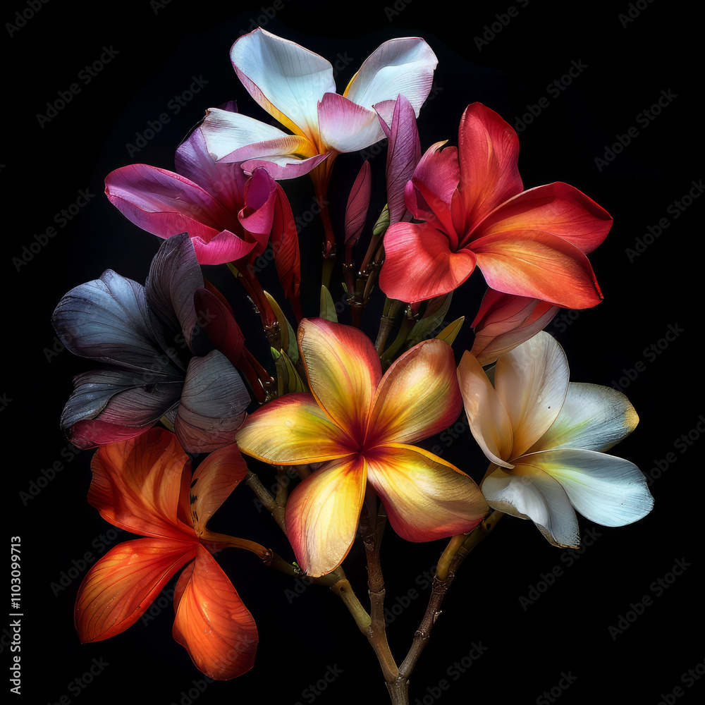 Obraz premium frangipani flowers, flower, floral, botanical, plant, leaves, bloom, blossom, nature, feminine, logo, banner, marketing 
