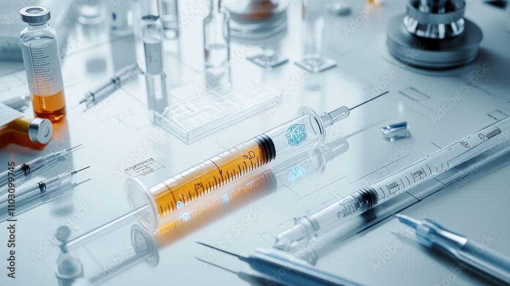 syringe resting on a laboratory table, surrounded by various scientific instruments, syringe resting on a laboratory table, surrounded by various scientific instruments,