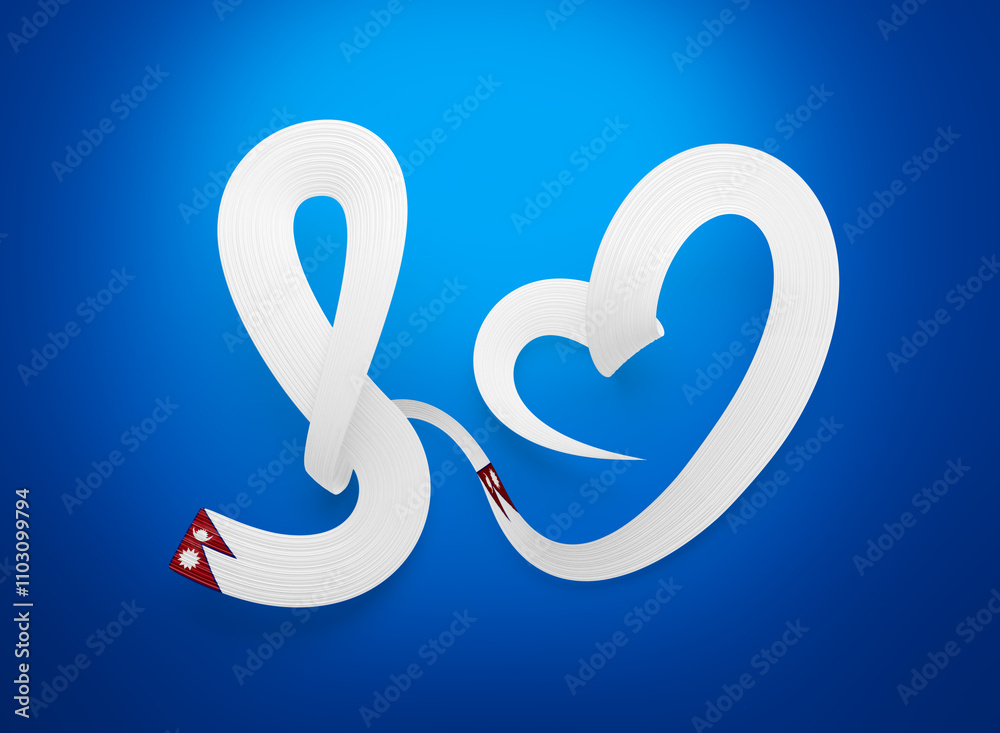 Flag Of Nepal Heart Shape Wavy Awareness Ribbon Flag On Blue Background 3d Illustration Flag Of Nepal Heart Shape Wavy Awareness Ribbon Flag On Blue Background 3d Illustration