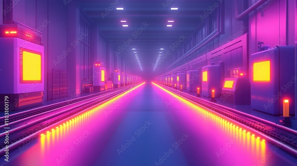 Futuristic Neon Warehouse with Glowing Lights and Empty Aisles in a Cyberpunk Setting for Sci-Fi and Technology Themes Futuristic Neon Warehouse with Glowing Lights and Empty Aisles in a Cyberpunk Setting for Sci-Fi and Technology Themes
