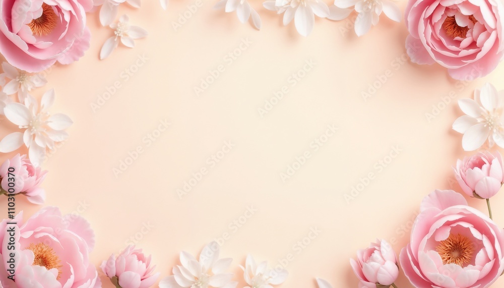 Background with a Frame of Delicate Pink Peonies with White Petals Surrounding a Soft Pastel Peach Center, Romantic and Lush Background with a Frame of Delicate Pink Peonies with White Petals Surrounding a Soft Pastel Peach Center, Romantic and Lush