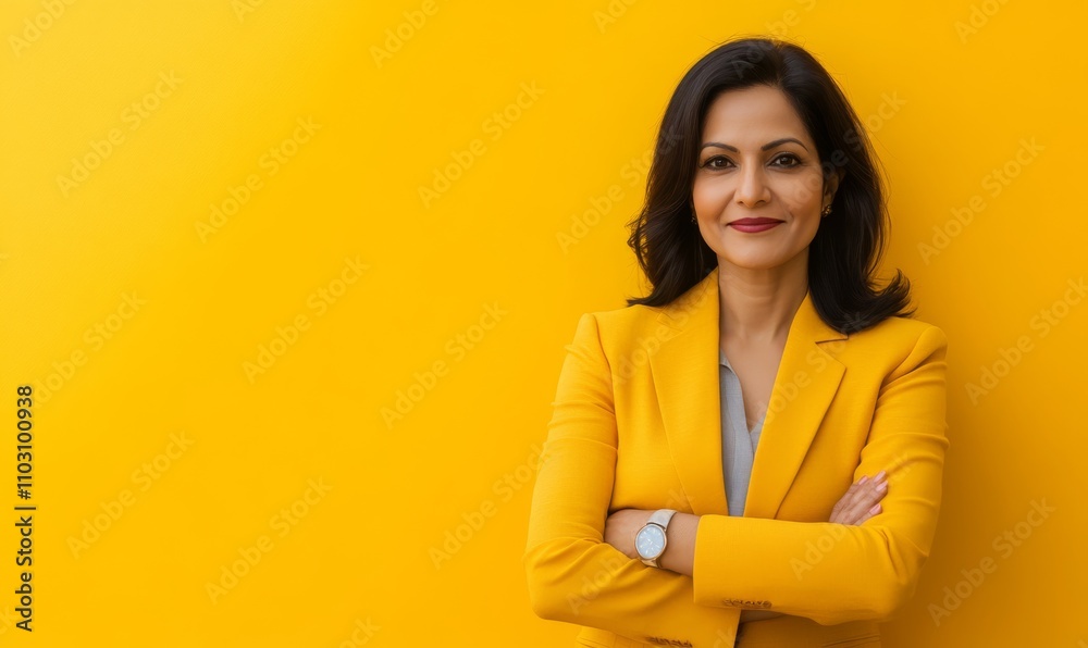 Smiling mature woman office worker, businesswoman. On yellow background with copyspace for your text Smiling mature woman office worker, businesswoman. On yellow background with copyspace for your text