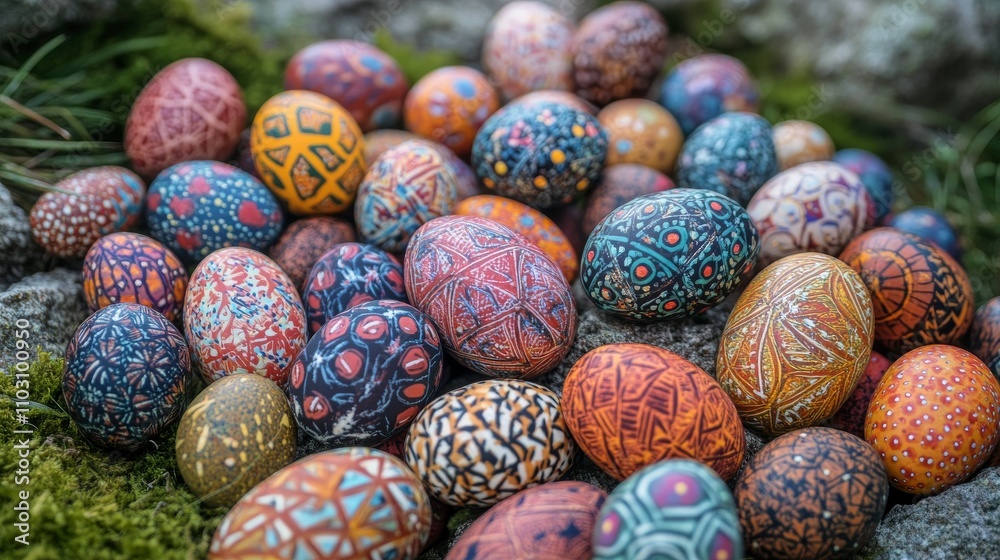 A collection of intricately decorated eggs laid out on a bed of moss, showcasing a variety of colors and designs embodying diversity. A collection of intricately decorated eggs laid out on a bed of moss, showcasing a variety of colors and designs embodying diversity.