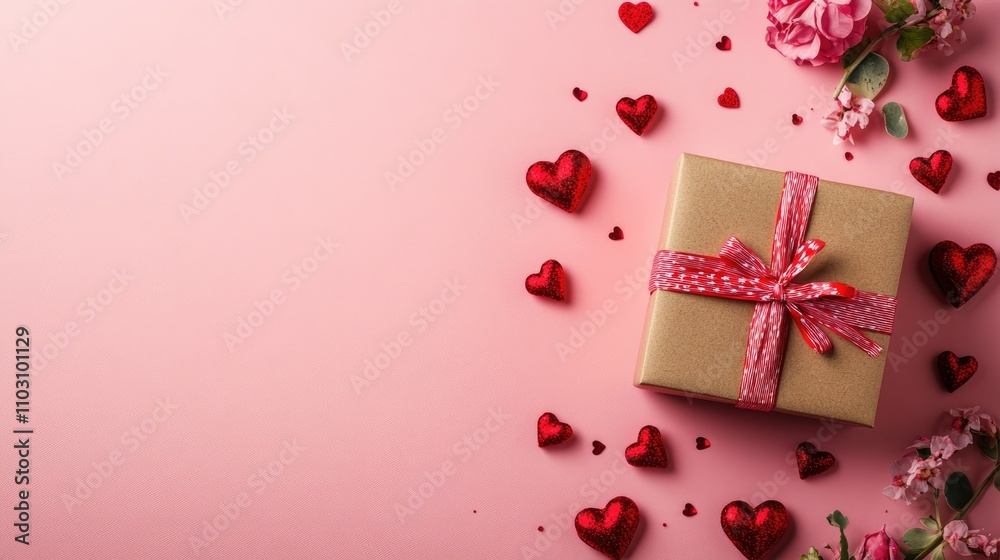 Valentines festive border composition with gift or present box and many red hearts on a pastel pink background. top view. overhead. Valentines Day, love, romance concept Valentines festive border composition with gift or present box and many red hearts on a pastel pink background. top view. overhead. Valentines Day, love, romance concept