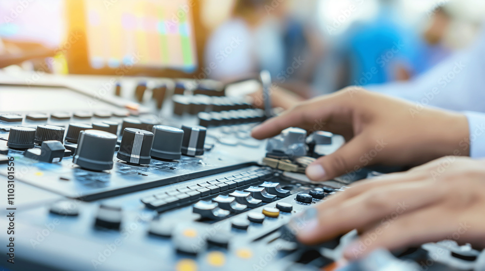 Serene audio studio with sound engineer adjusting noise reduction settings on mixing console, symbolizing the meticulous process of eliminating unwanted sounds