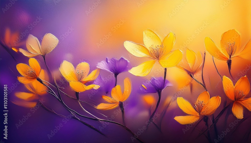 Golden Hour Blooms: A delicate dance of yellow and purple blossoms bathed in the soft glow of a golden sunset. The vibrant colors and ethereal light create a sense of tranquility and beauty. Golden Hour Blooms: A delicate dance of yellow and purple blossoms bathed in the soft glow of a golden sunset. The vibrant colors and ethereal light create a sense of tranquility and beauty.