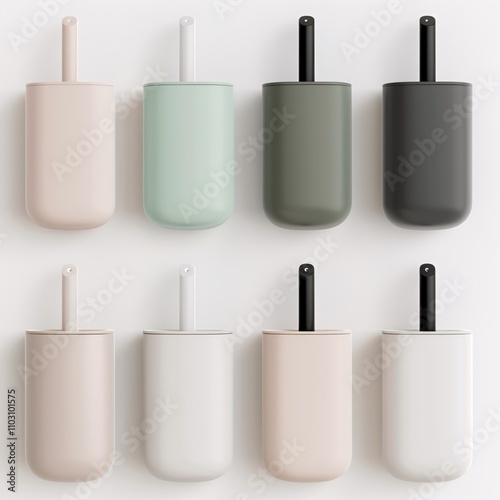 2409_124.An assortment of whole, toilet brush holders,isolate, perfect top-down view, showcasing diverse varieties, arranged with space around each toilet brush holders, no sides visible, plan photo