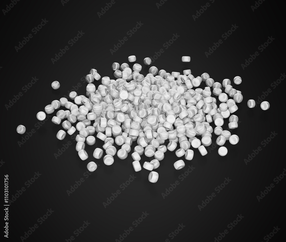 Collection Of White PVC Plastic Polymer Pellets Or Beads On Black Background 3d Illustration Collection Of White PVC Plastic Polymer Pellets Or Beads On Black Background 3d Illustration