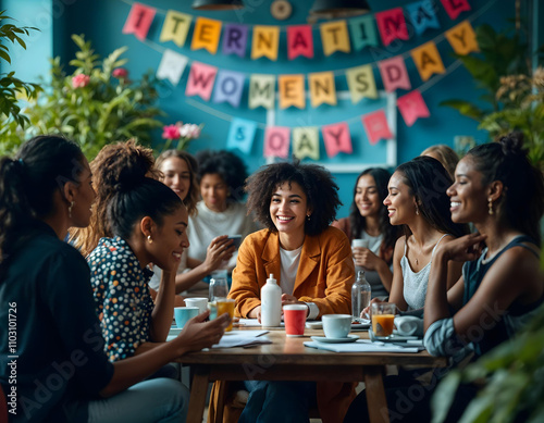 Celebration of Women's Day with Diverse Ladies Engaging in Joyful Conversations photo