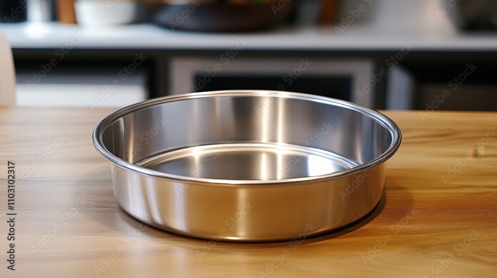 A shiny stainless steel baking pan on a wooden countertop, ideal for various culinary applications and food preparation. A shiny stainless steel baking pan on a wooden countertop, ideal for various culinary applications and food preparation.