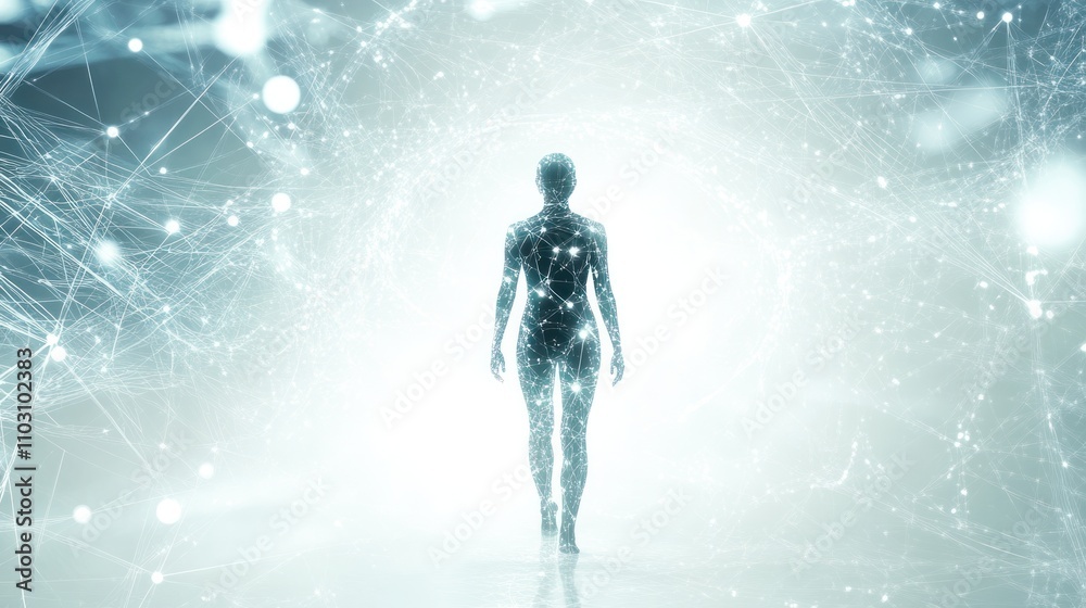 A human face dissolving into particles and data streams, illustrating the concept A human face dissolving into particles and data streams, illustrating the concept
