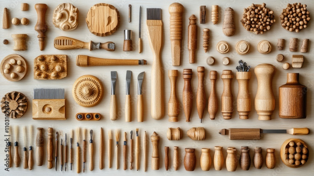 Wood carving tools. Carpentry workshop desk for joinery and woodworking background. top view